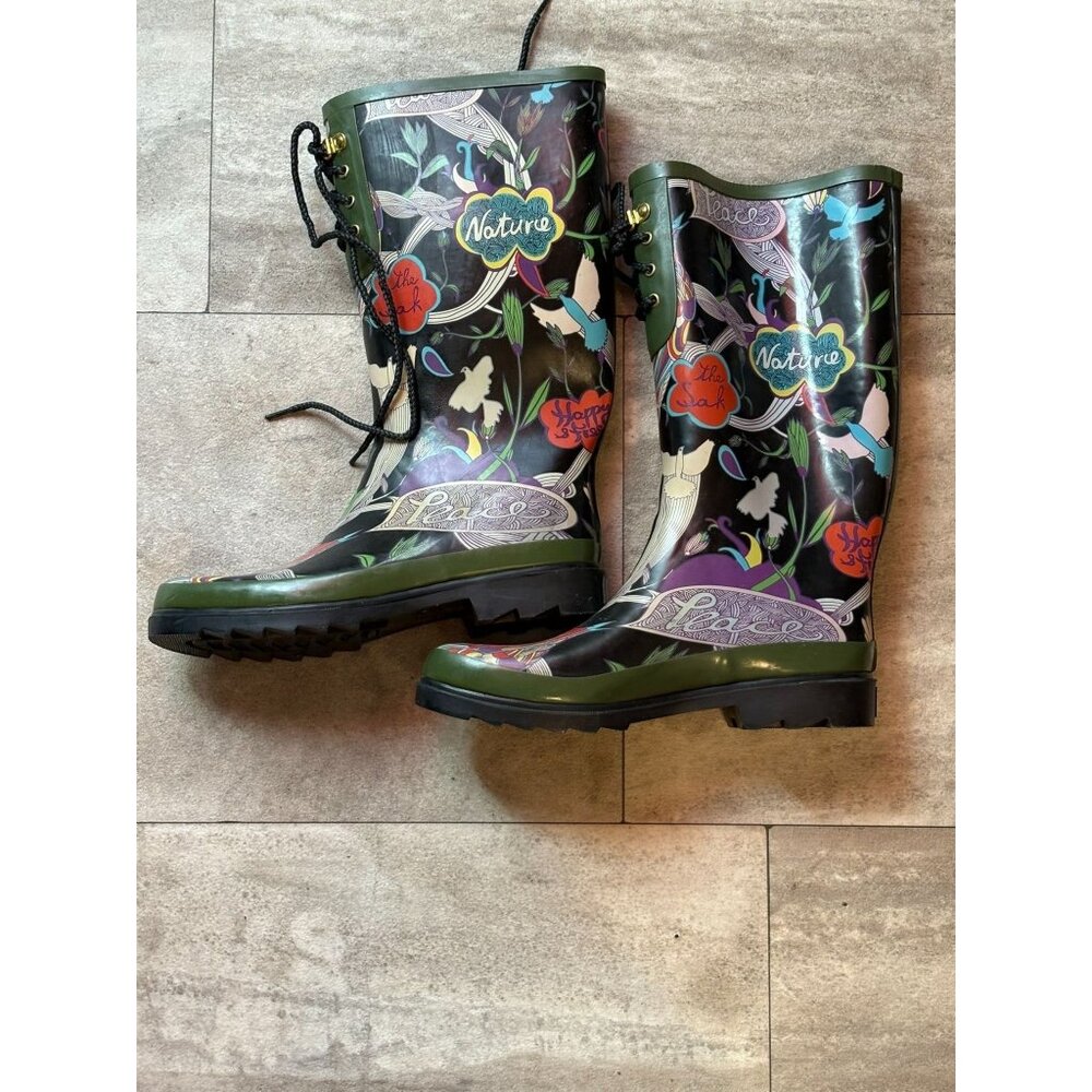 Colorful Womens Waterproof Rubber Rain Boots With Peace & Floral Design Size 10